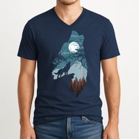 Forest With FullMoon And Cliff Of Silhouette Howling V-Neck T-Shirt