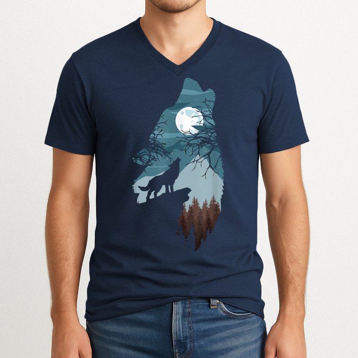 Forest With FullMoon And Cliff Of Silhouette Howling V-Neck T-Shirt