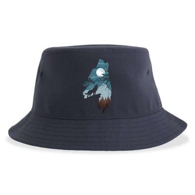 Forest With FullMoon And Cliff Of Silhouette Howling Sustainable Bucket Hat