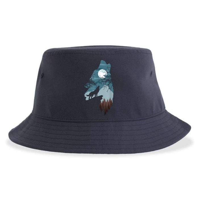 Forest With FullMoon And Cliff Of Silhouette Howling Sustainable Bucket Hat