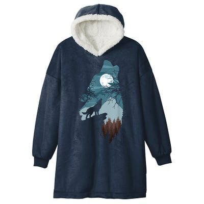 Forest With FullMoon And Cliff Of Silhouette Howling Hooded Wearable Blanket