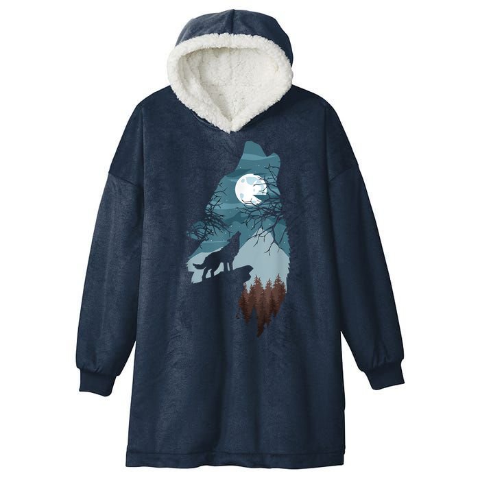 Forest With FullMoon And Cliff Of Silhouette Howling Hooded Wearable Blanket