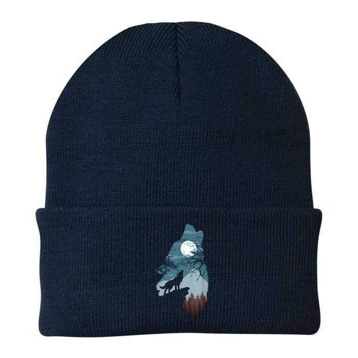 Forest With FullMoon And Cliff Of Silhouette Howling Beanie