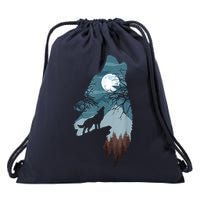 Forest With FullMoon And Cliff Of Silhouette Howling Drawstring Bag