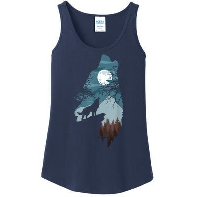 Forest With FullMoon And Cliff Of Silhouette Howling Ladies Essential Tank