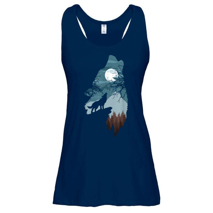 Forest With FullMoon And Cliff Of Silhouette Howling Ladies Essential Flowy Tank