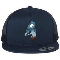 Forest With FullMoon And Cliff Of Silhouette Howling Flat Bill Trucker Hat