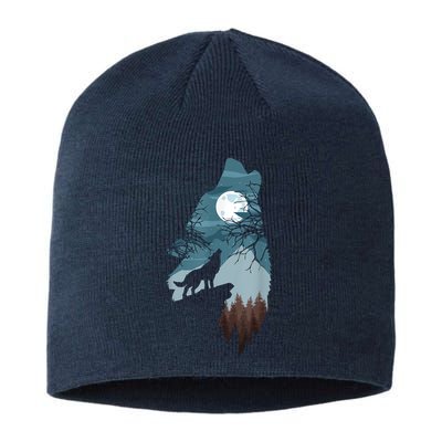 Forest With FullMoon And Cliff Of Silhouette Howling Sustainable Beanie