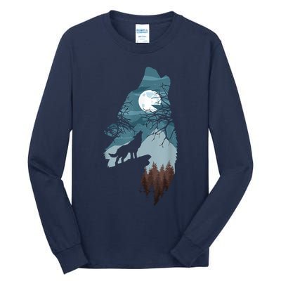 Forest With FullMoon And Cliff Of Silhouette Howling Tall Long Sleeve T-Shirt