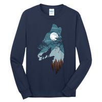 Forest With FullMoon And Cliff Of Silhouette Howling Tall Long Sleeve T-Shirt