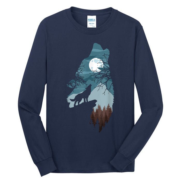 Forest With FullMoon And Cliff Of Silhouette Howling Tall Long Sleeve T-Shirt