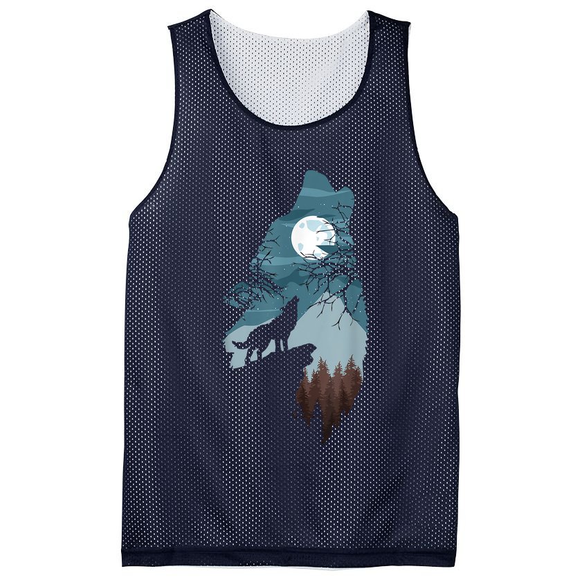 Forest With FullMoon And Cliff Of Silhouette Howling Mesh Reversible Basketball Jersey Tank