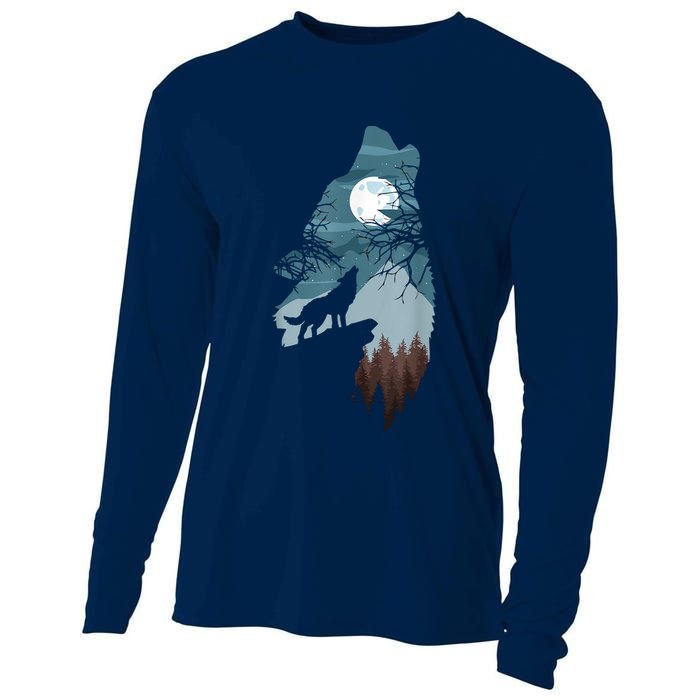 Forest With FullMoon And Cliff Of Silhouette Howling Cooling Performance Long Sleeve Crew