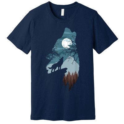 Forest With FullMoon And Cliff Of Silhouette Howling Premium T-Shirt