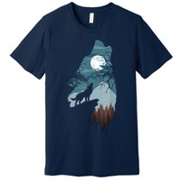 Forest With FullMoon And Cliff Of Silhouette Howling Premium T-Shirt