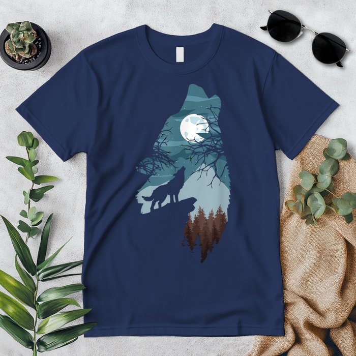 Forest With FullMoon And Cliff Of Silhouette Howling Premium T-Shirt
