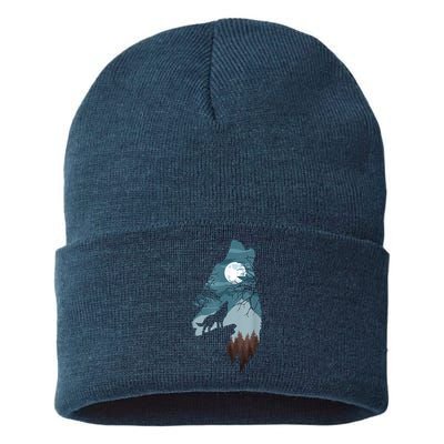 Forest With FullMoon And Cliff Of Silhouette Howling Sustainable Knit Beanie