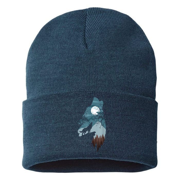 Forest With FullMoon And Cliff Of Silhouette Howling Sustainable Knit Beanie