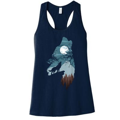 Forest With FullMoon And Cliff Of Silhouette Howling Womens Tank Top