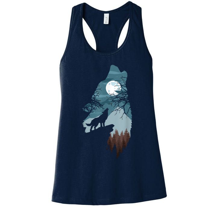 Forest With FullMoon And Cliff Of Silhouette Howling Womens Tank Top