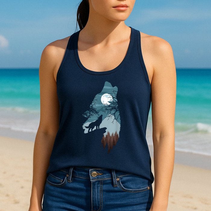 Forest With FullMoon And Cliff Of Silhouette Howling Womens Tank Top