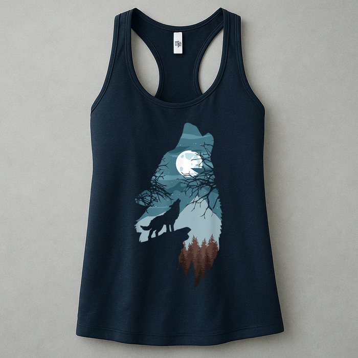Forest With FullMoon And Cliff Of Silhouette Howling Womens Tank Top