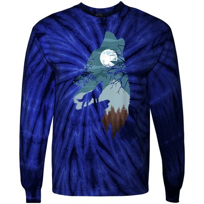Forest With FullMoon And Cliff Of Silhouette Howling Tie-Dye Long Sleeve Shirt