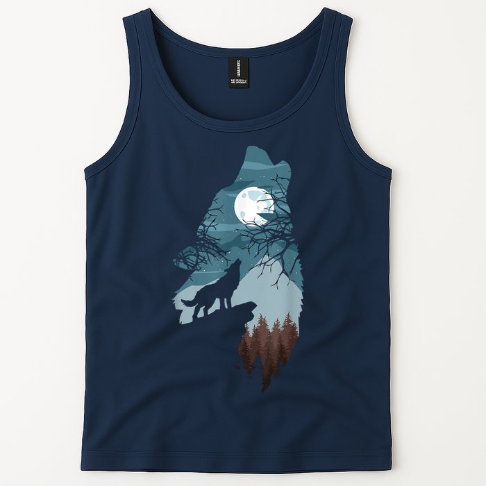 Forest With FullMoon And Cliff Of Silhouette Howling Tank Top