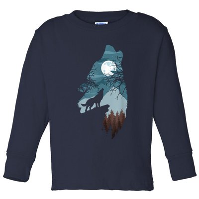 Forest With FullMoon And Cliff Of Silhouette Howling Toddler Long Sleeve Shirt