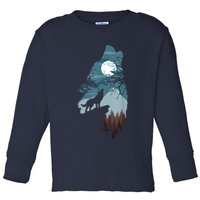 Forest With FullMoon And Cliff Of Silhouette Howling Toddler Long Sleeve Shirt