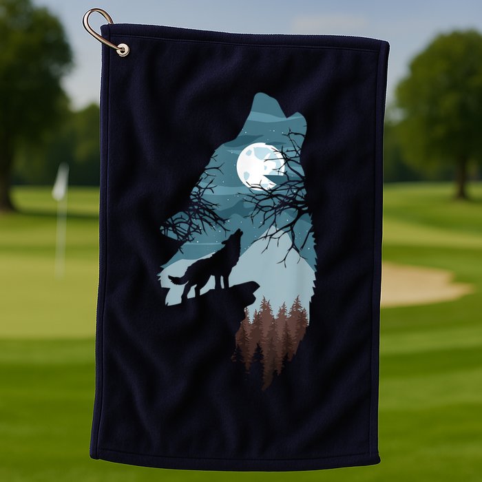 Forest With FullMoon And Cliff Of Silhouette Howling Golf Towel