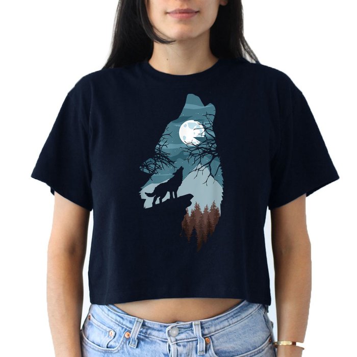 Forest With FullMoon And Cliff Of Silhouette Howling Crop Top