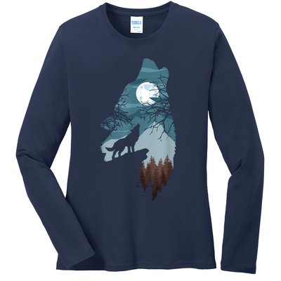 Forest With FullMoon And Cliff Of Silhouette Howling Ladies Long Sleeve Shirt