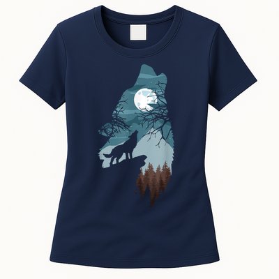 Forest With FullMoon And Cliff Of Silhouette Howling Womens T-Shirt