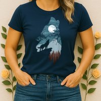 Forest With FullMoon And Cliff Of Silhouette Howling Womens T-Shirt