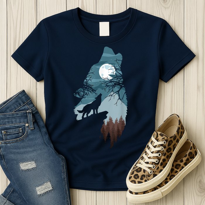 Forest With FullMoon And Cliff Of Silhouette Howling Womens T-Shirt