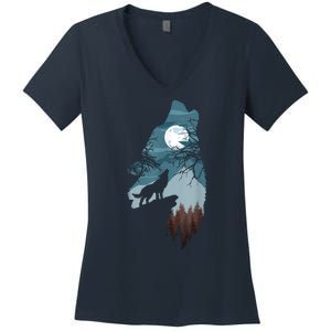 Forest With FullMoon And Cliff Of Silhouette Howling Women's V-Neck T-Shirt