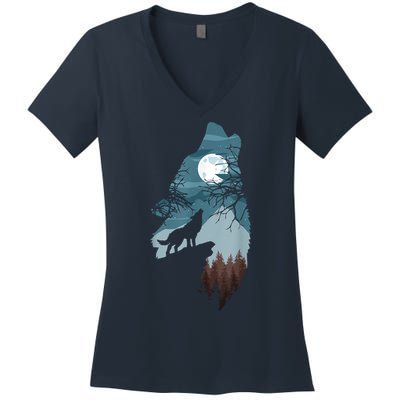 Forest With FullMoon And Cliff Of Silhouette Howling Women's V-Neck T-Shirt