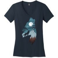 Forest With FullMoon And Cliff Of Silhouette Howling Women's V-Neck T-Shirt