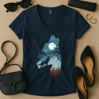 Forest With FullMoon And Cliff Of Silhouette Howling Women's V-Neck T-Shirt