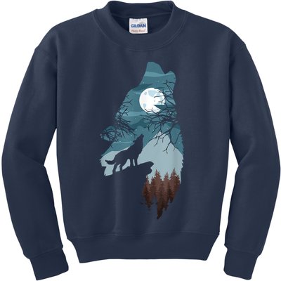 Forest With FullMoon And Cliff Of Silhouette Howling Kids Sweatshirt