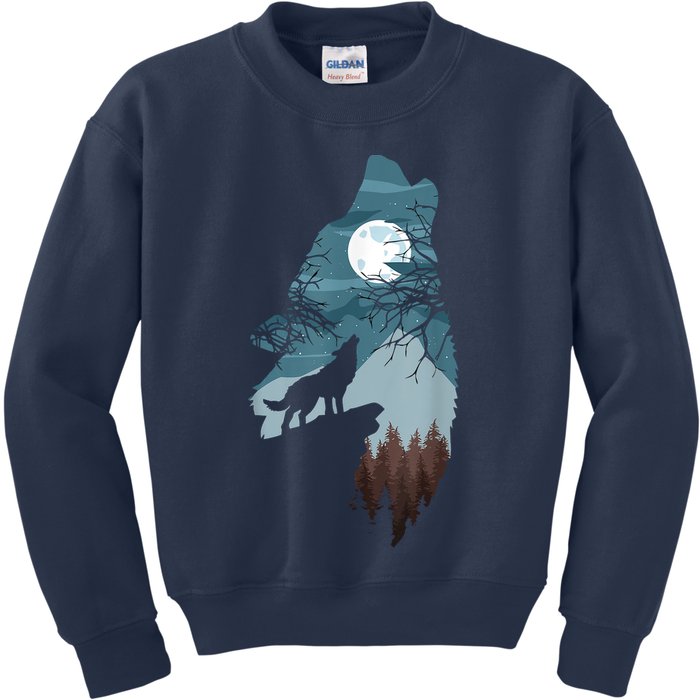Forest With FullMoon And Cliff Of Silhouette Howling Kids Sweatshirt