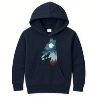 Forest With FullMoon And Cliff Of Silhouette Howling Kids Hoodie