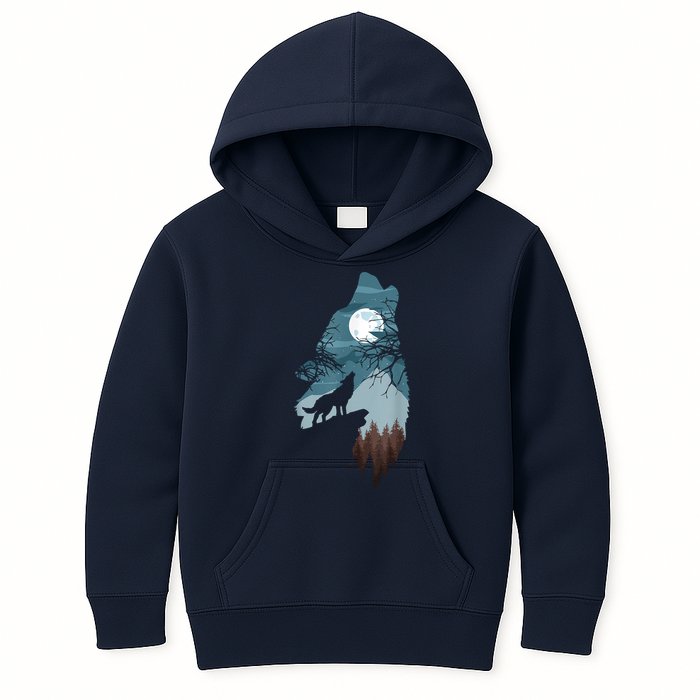Forest With FullMoon And Cliff Of Silhouette Howling Kids Hoodie