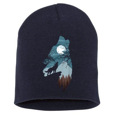 Forest With FullMoon And Cliff Of Silhouette Howling Short Acrylic Beanie