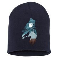 Forest With FullMoon And Cliff Of Silhouette Howling Short Acrylic Beanie
