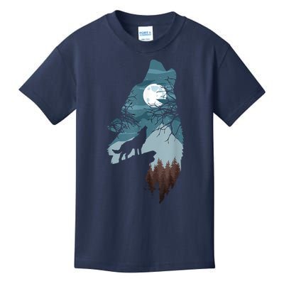 Forest With FullMoon And Cliff Of Silhouette Howling Kids T-Shirt