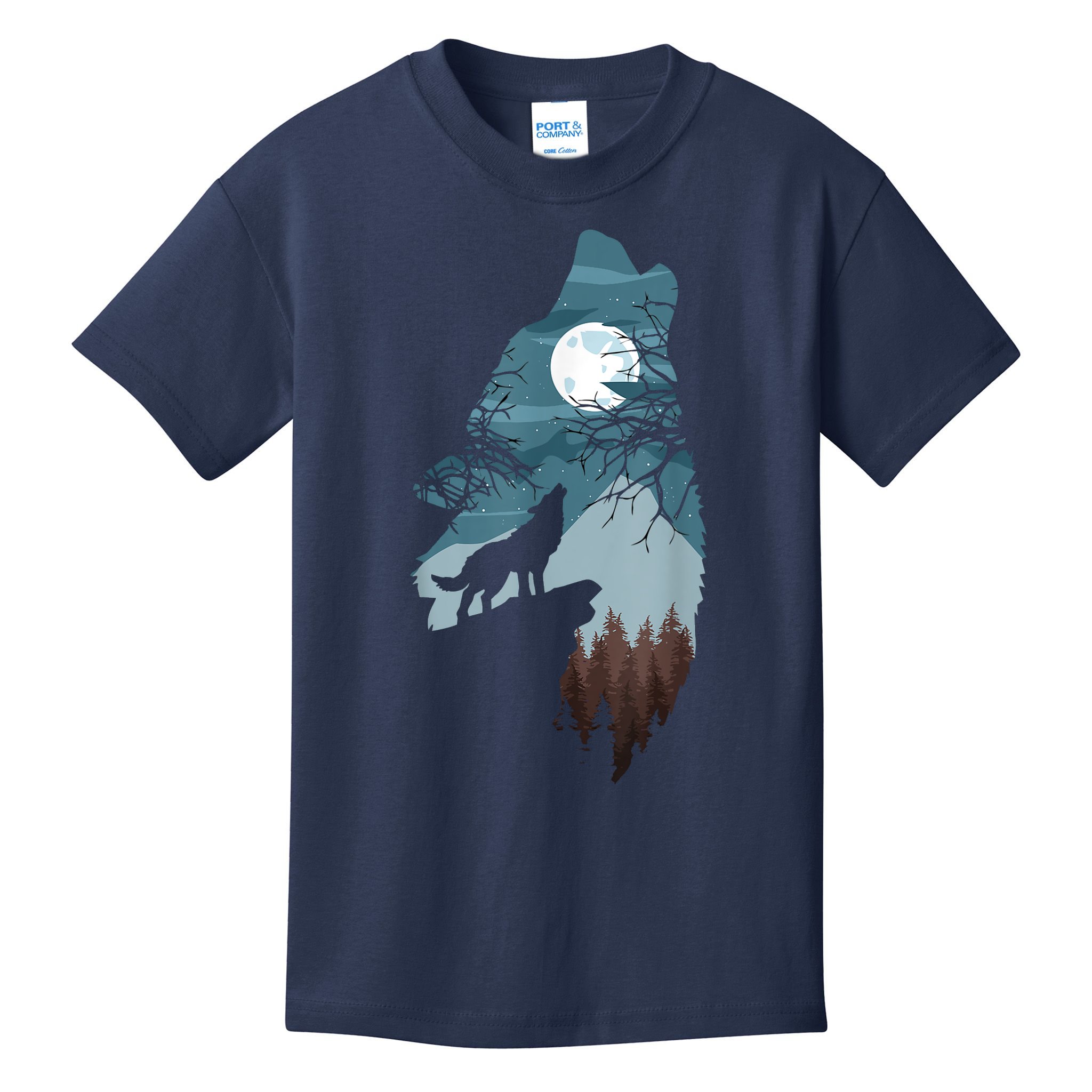 Forest With FullMoon And Cliff Of Silhouette Howling Kids T-Shirt