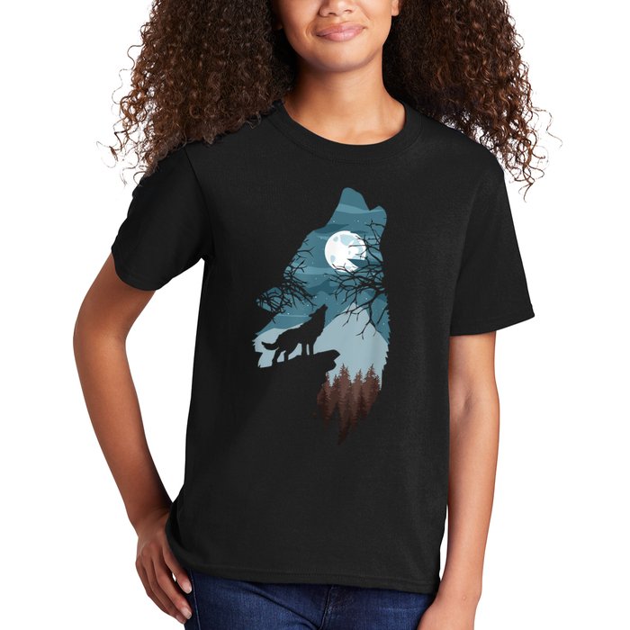 Forest With FullMoon And Cliff Of Silhouette Howling Kids T-Shirt