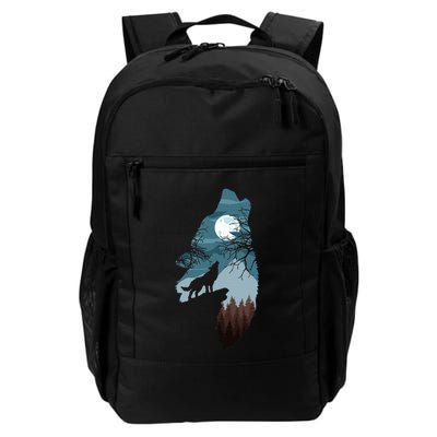 Forest With Fullmoon And Cliff Of Silhouette Howling Wolf Daily Commute Backpack